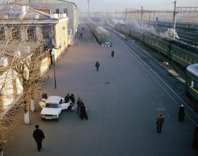 An elderly passenger is carried off the Trans-Siberian, Chita, Eastern Siberia, November 2004